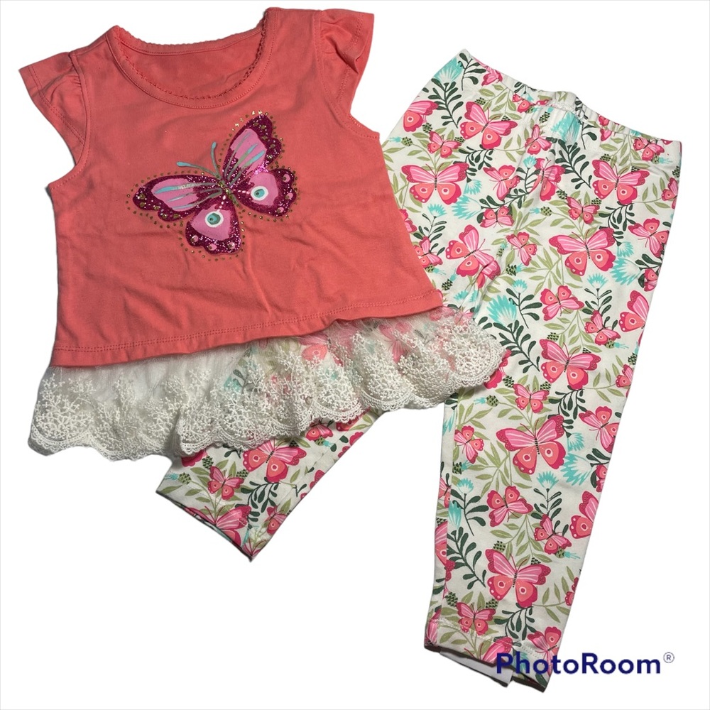 NWOT 2pc coral top with butterfly print and matching leggings Size 3T - Picture 1 of 5